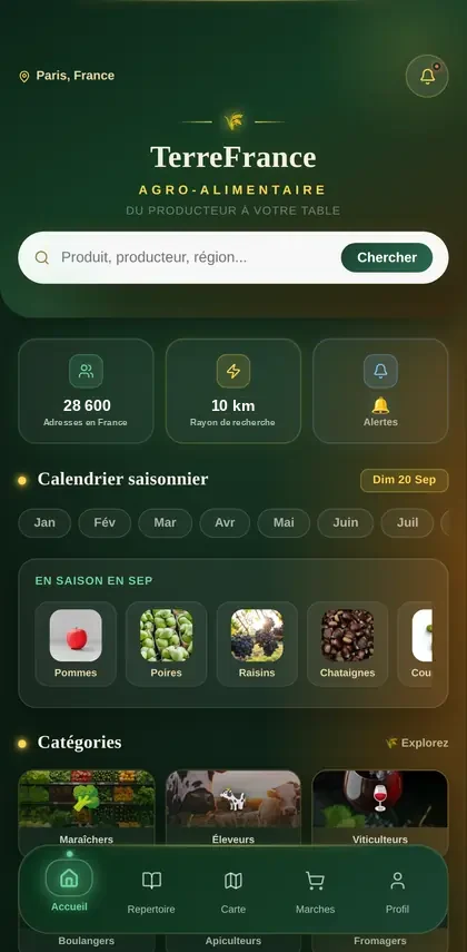 Écran d'accueil de TerreFrance Agro : recherche de producteurs et calendrier des saisons