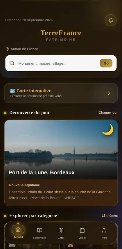 Écran d'accueil de TerreFrance Patrimoine : découverte du jour et carte interactive